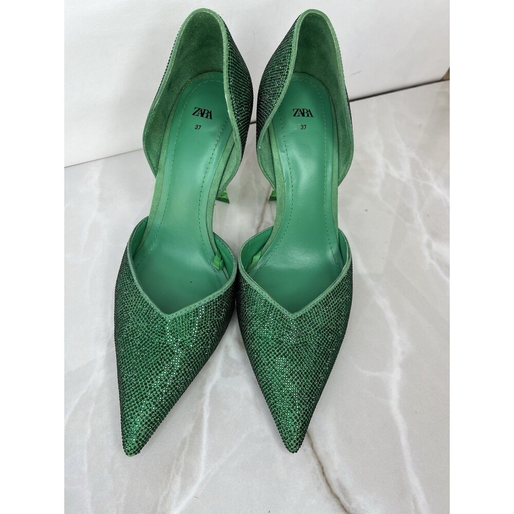 ZARA RHINESTONE HI HEEL STILETTO PUMPS SHOES GREEN SZ 37 Us 7 SLIP ON - Picture 6 of 10